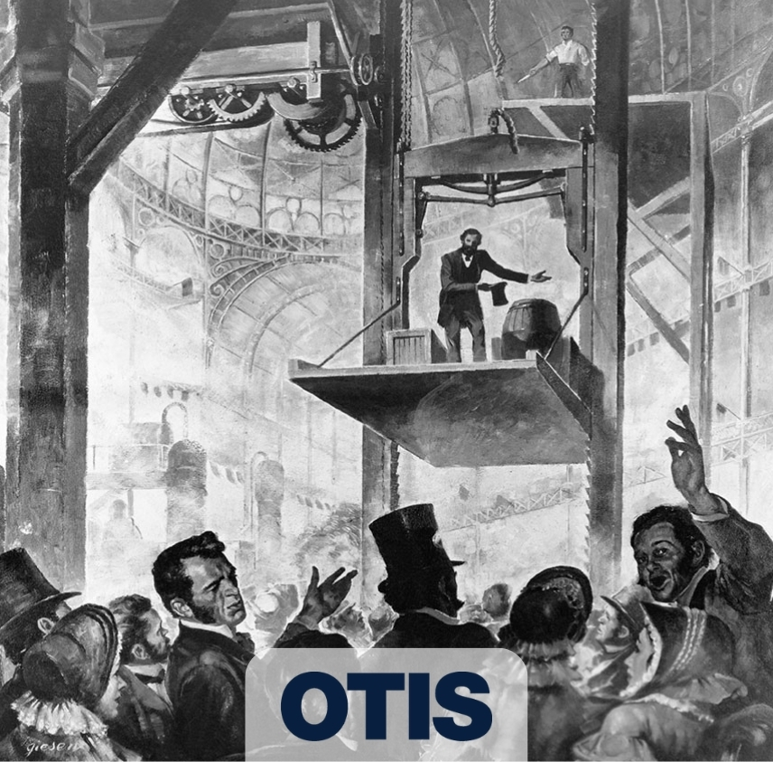 otis-historical-illustration. Historic illustration of early Otis elevators showing the company’s long history