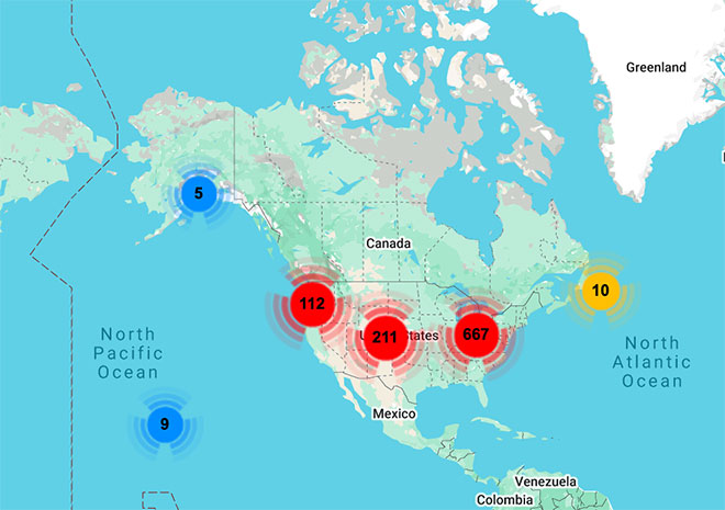 otis-global-coverage-map Global map showing Otis Elevator service coverage with emphasis on U.S., Canada, Puerto Rico, and Guam